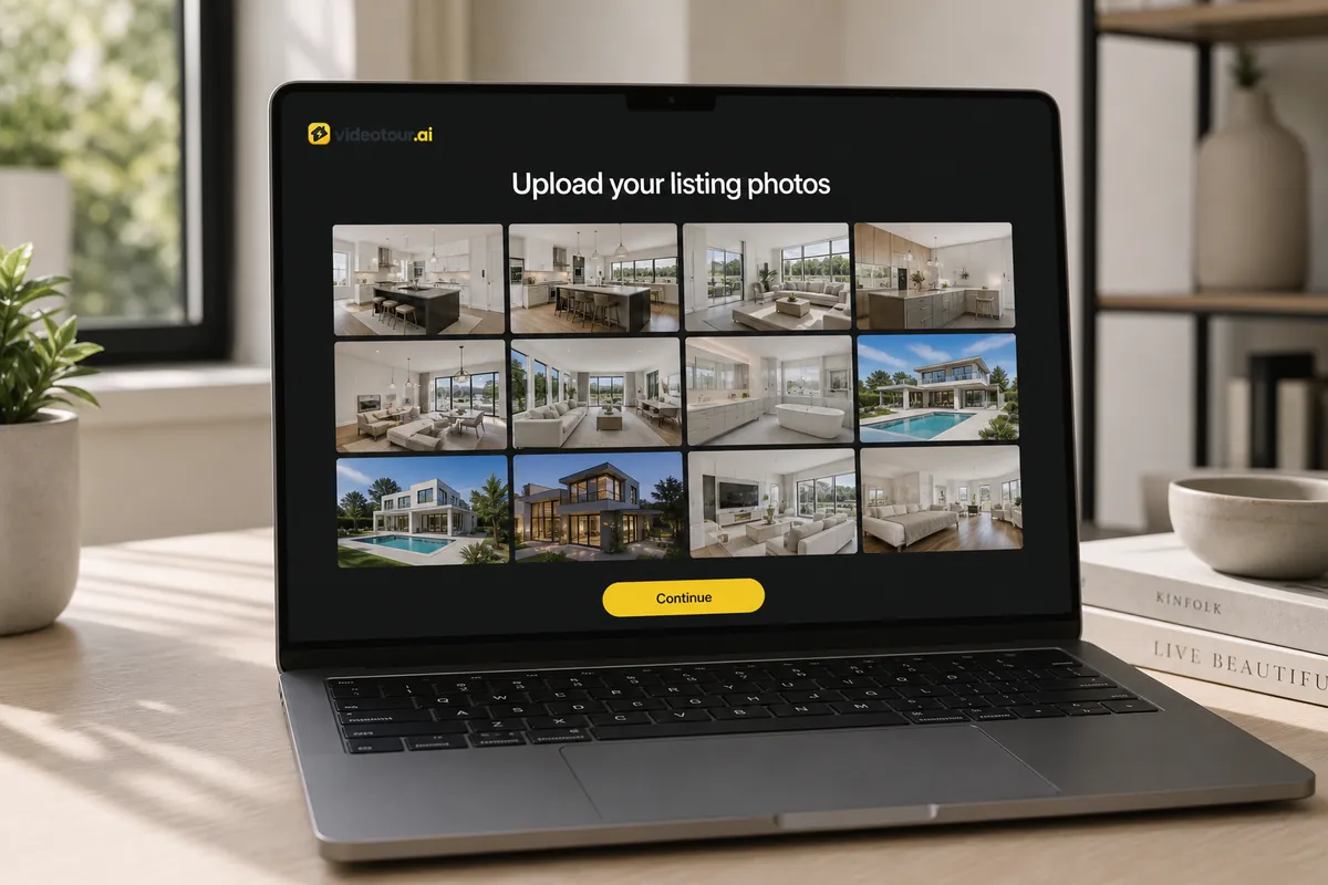 Laptop screen showing the VideoTour.AI app interface with property photos