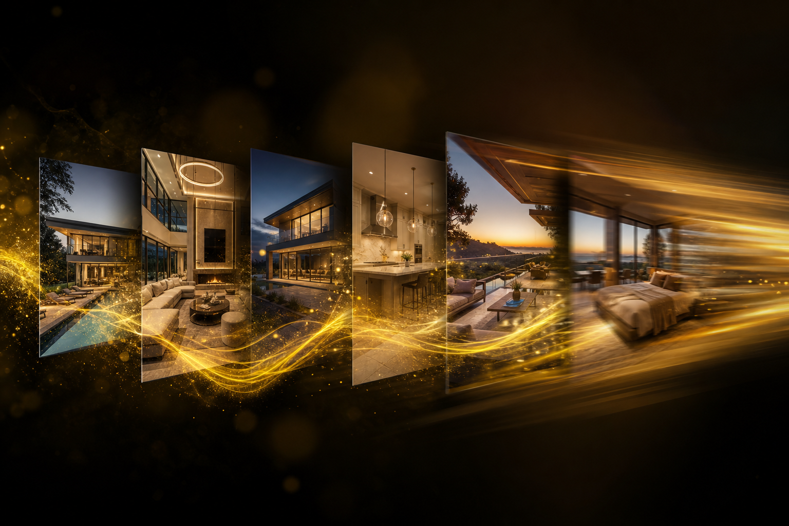 Real estate photos transforming into video with yellow motion-light trails