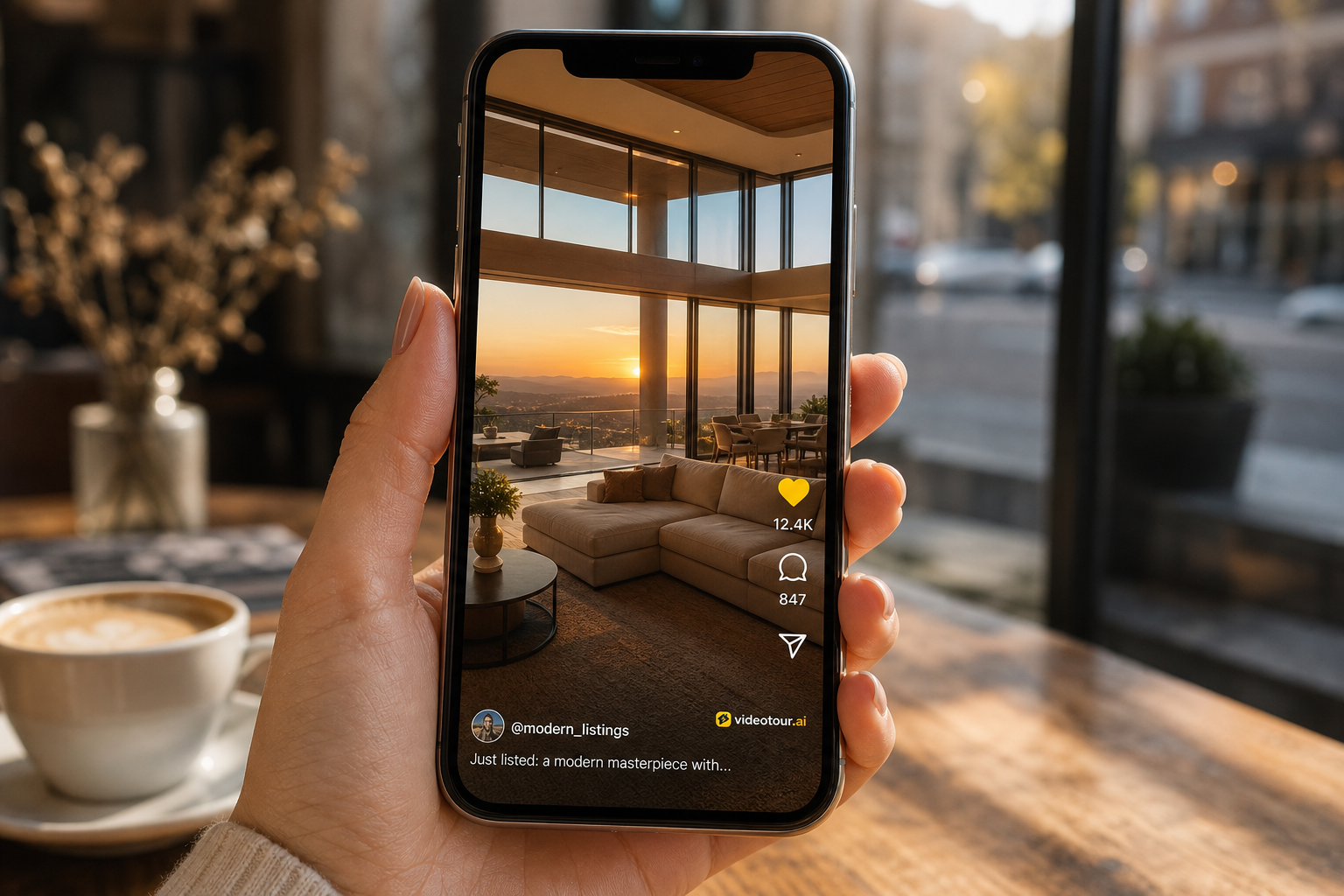 Smartphone showing a VideoTour.AI property tour playing as an Instagram Reels-style social post