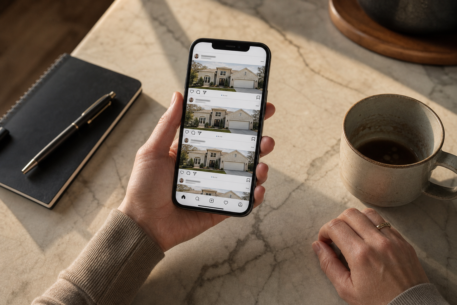 A phone screen showing four nearly identical 'Just Listed' real estate posts in a row