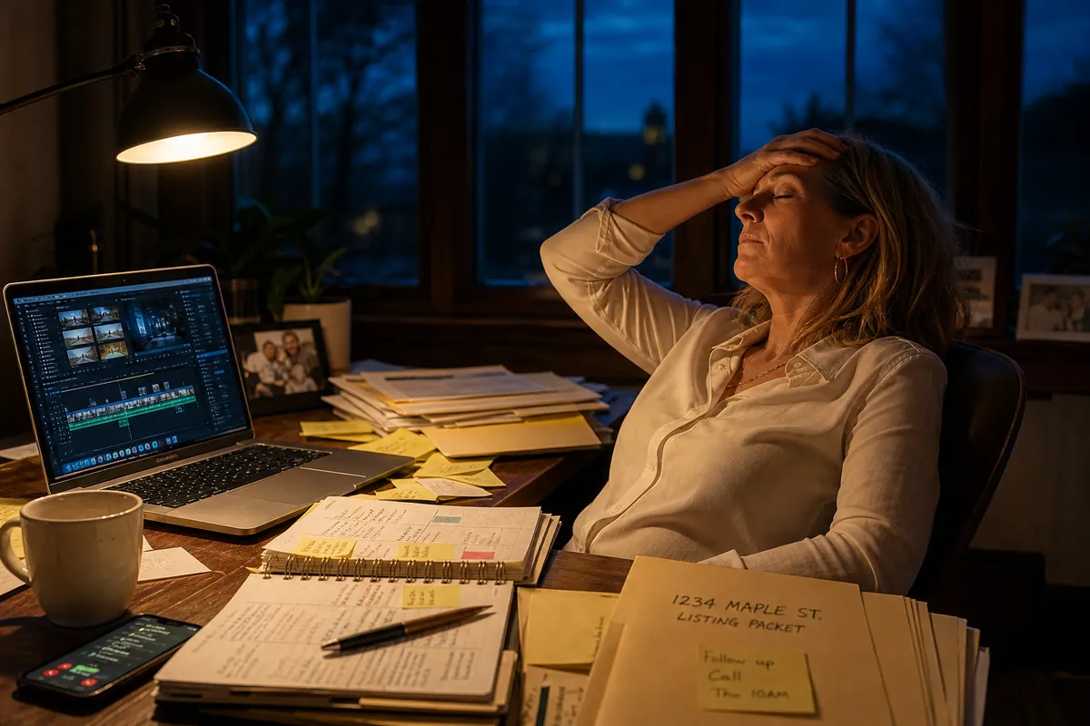 Exhausted real estate agent at her home office desk late at night, hand pressed to forehead, video editing software glowing on her laptop, planner full of overdue listings, missed-call notifications on her phone