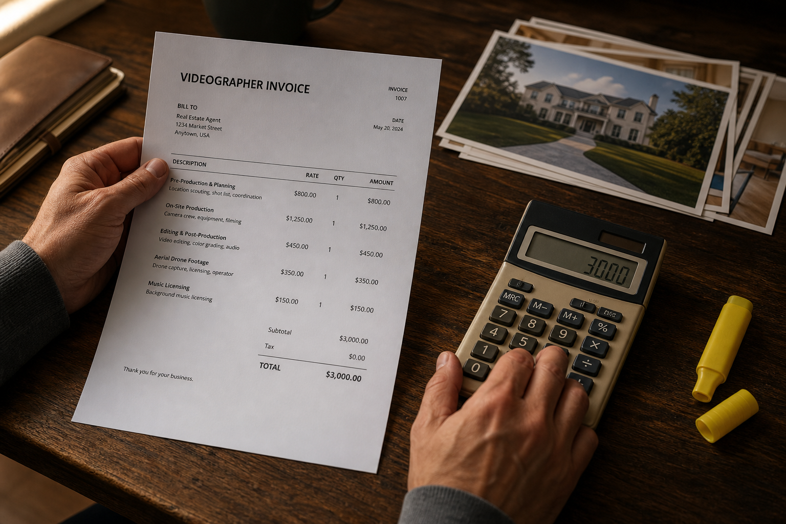 Hands holding a videographer invoice next to a calculator showing a high total