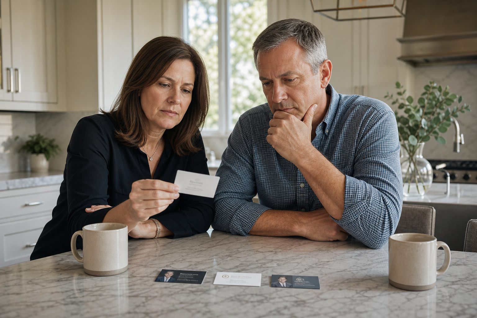 Homeowner couple at a kitchen island carefully weighing three real estate agent business cards