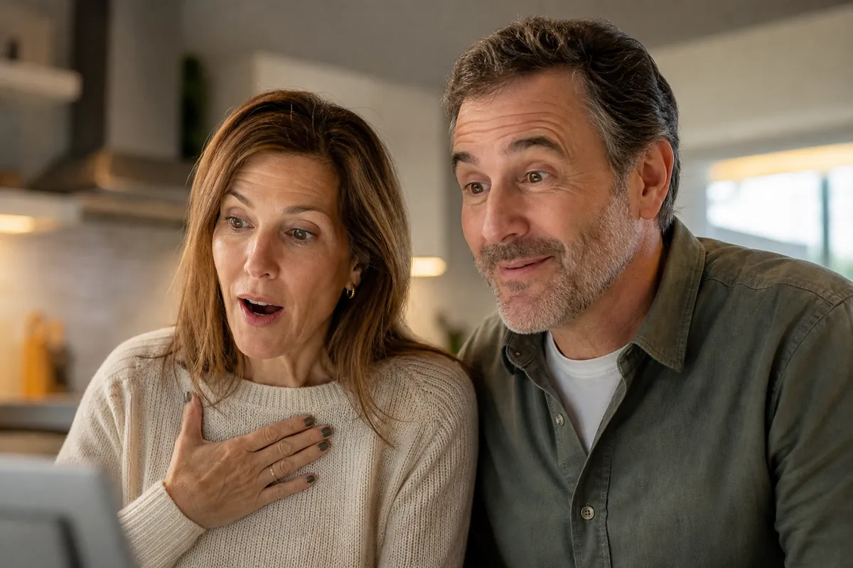 Homeowner couple reacting with surprise and delight to a property video tour