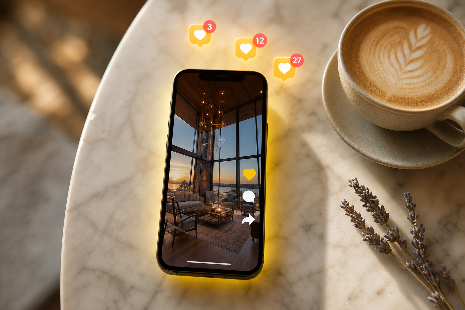 A phone on a marble café table showing a property video tour gathering social engagement, with yellow heart notifications floating above the screen