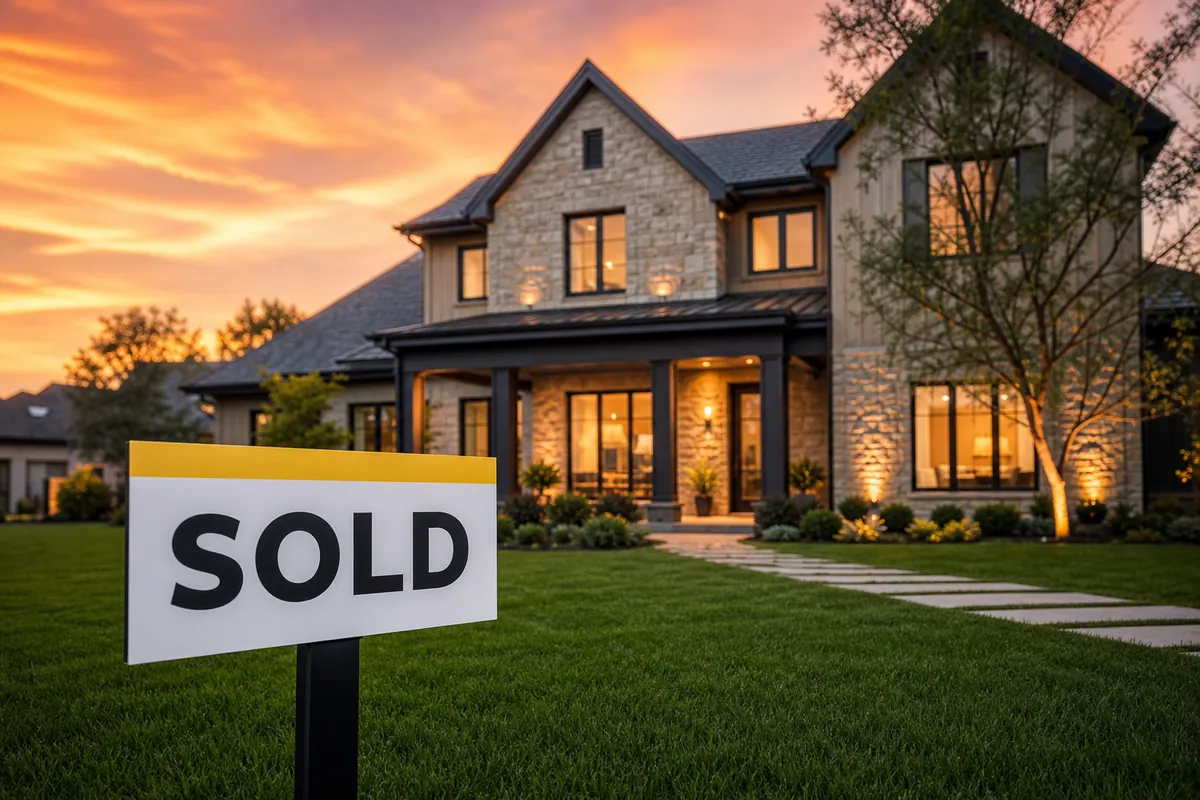 A SOLD yard sign in front of a beautiful modern home at golden hour