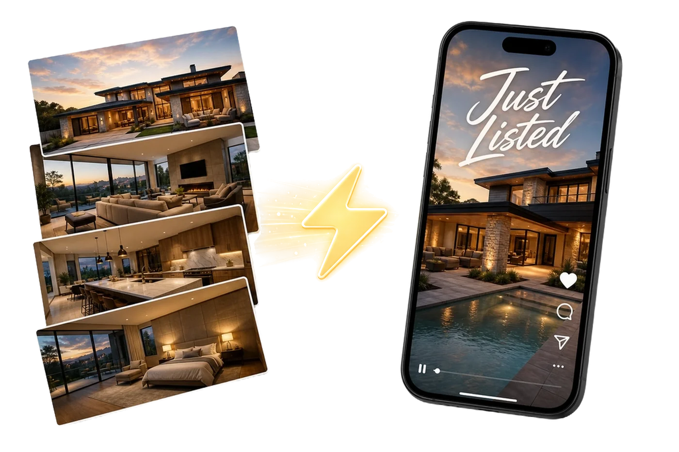 A fanned stack of luxury home listing photos transforming into a cinematic Just Listed Reel playing on an iPhone