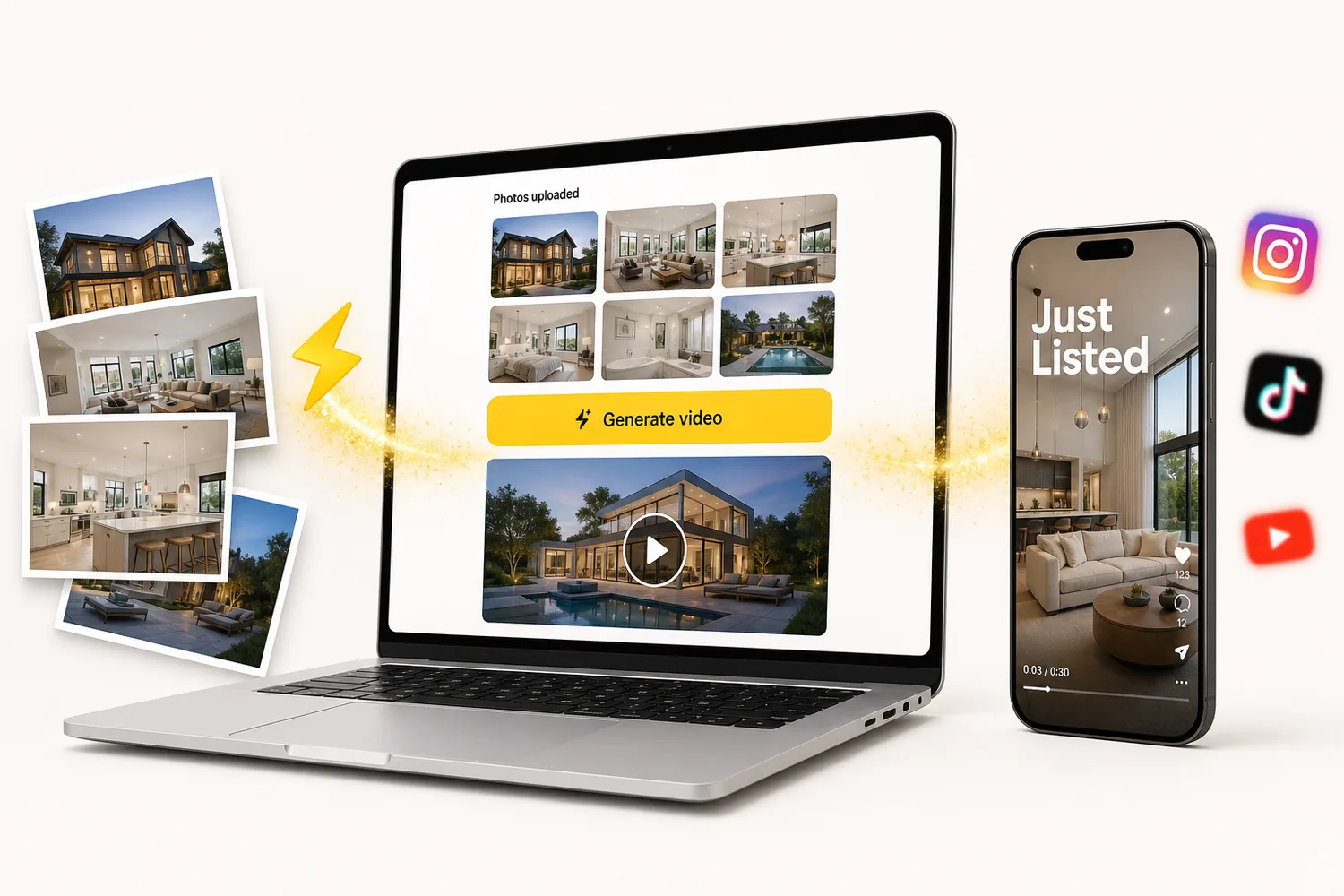 Listing photos transforming through a yellow brand lightning bolt into video editing software on a laptop, then into a cinematic Just Listed Reel on a phone, ready to post to Instagram TikTok and YouTube