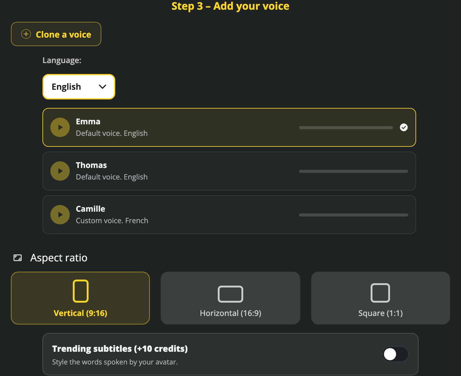 Choose a voice, format and subtitles for the saved introduction