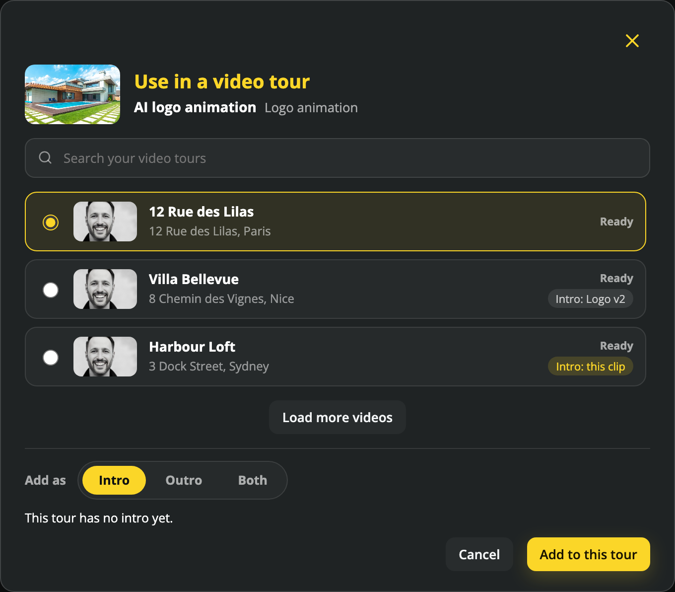 Choose the property tour for your branding clip