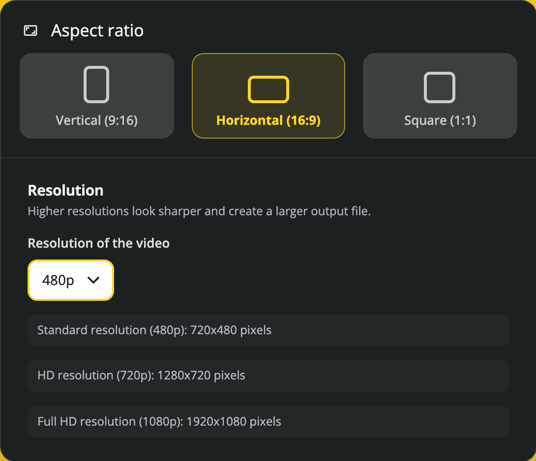 Choose the video shape and quality