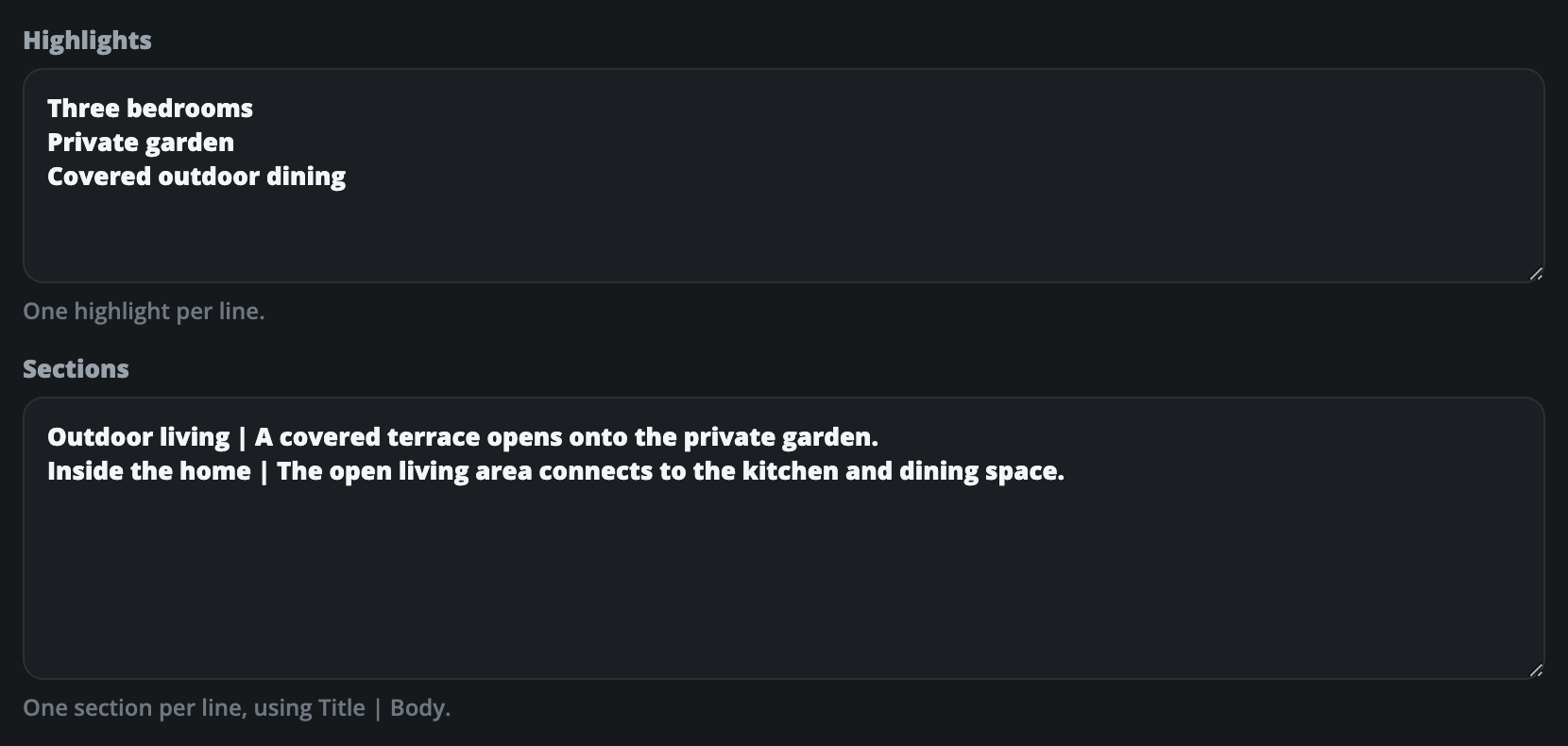 Organize the property highlights and descriptions