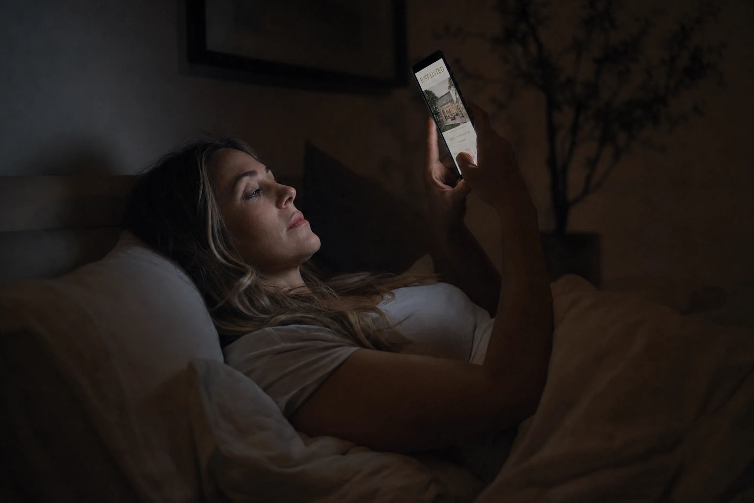 The agent in bed at night, lit only by her phone, posting a just-listed graphic.