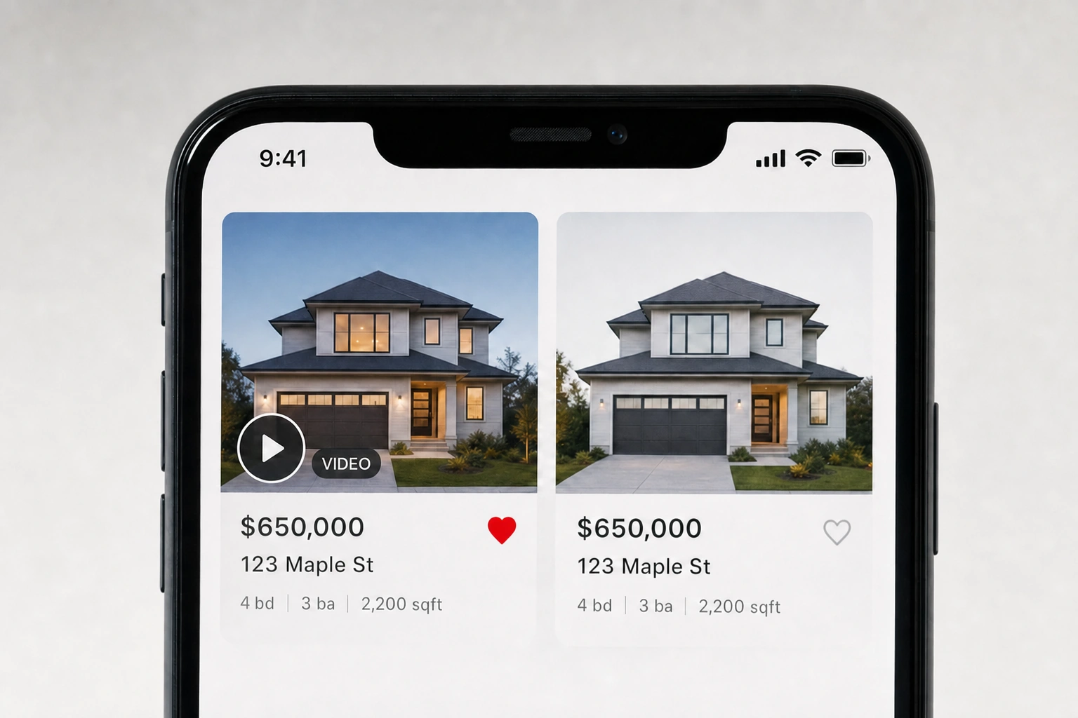 A real-estate app showing two identical listings side by side, one with a video badge and one without.