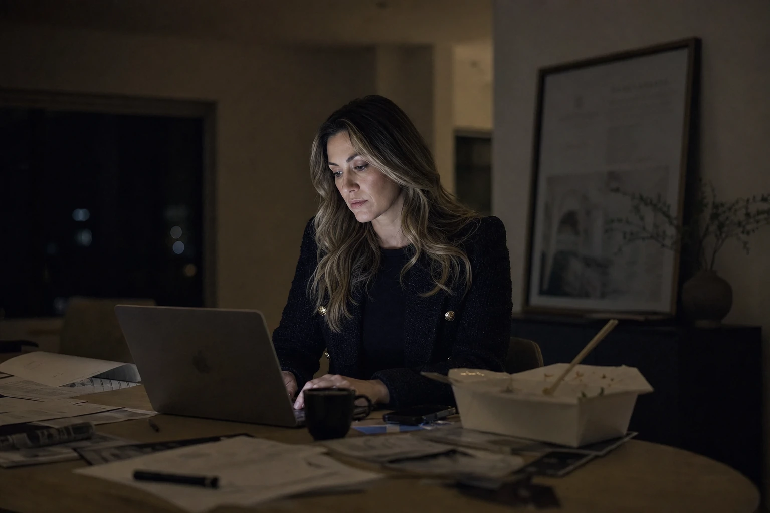 The agent alone at a cluttered desk at night, editing a listing video on a laptop.