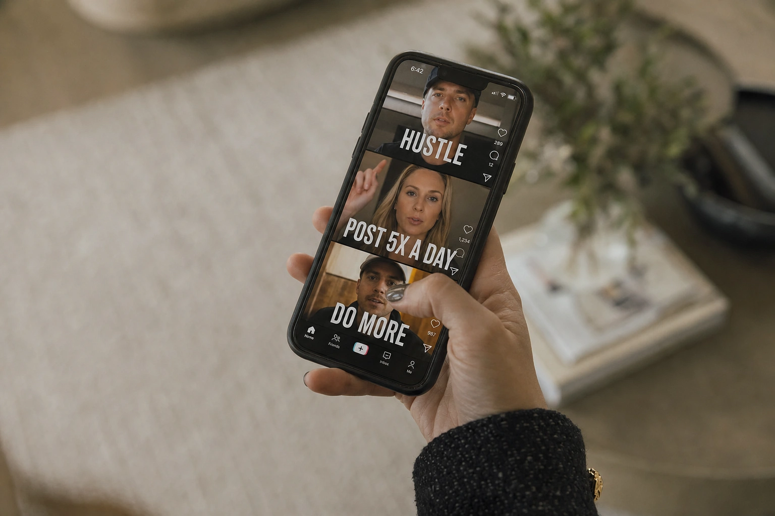 Close-up of the agent's hand holding her phone, the feed full of hustle-guru reels: HUSTLE, POST 5X A DAY, DO MORE.