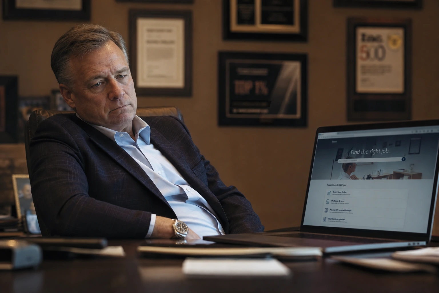 A distinguished veteran agent in an office lined with awards, looking worn, a job-search site open on his laptop.