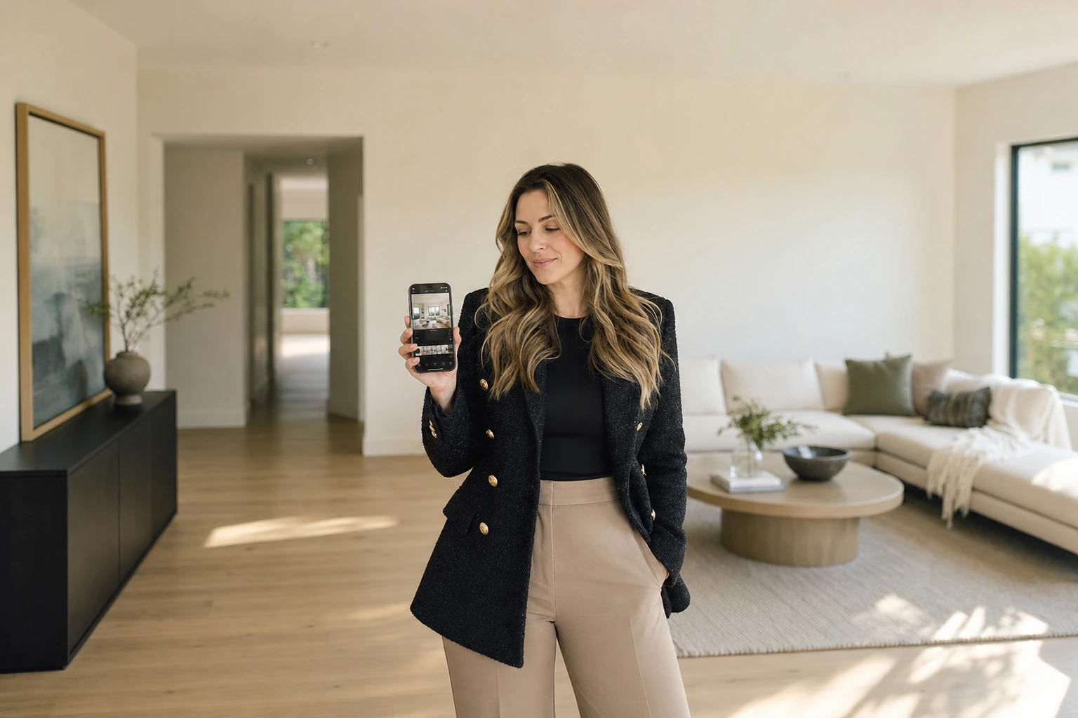 The agent relaxed in a sunlit living room, holding her phone as listing photos turn into a video tour.
