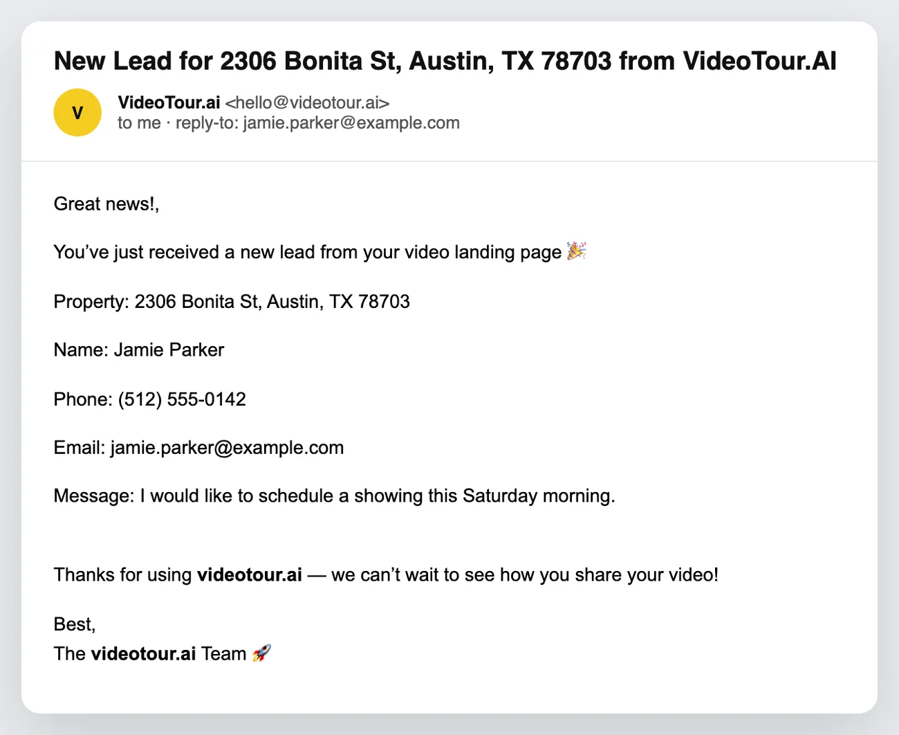 The lead email: New Lead for 2306 Bonita St from VideoTour.AI, with the buyer's name, phone, email and message