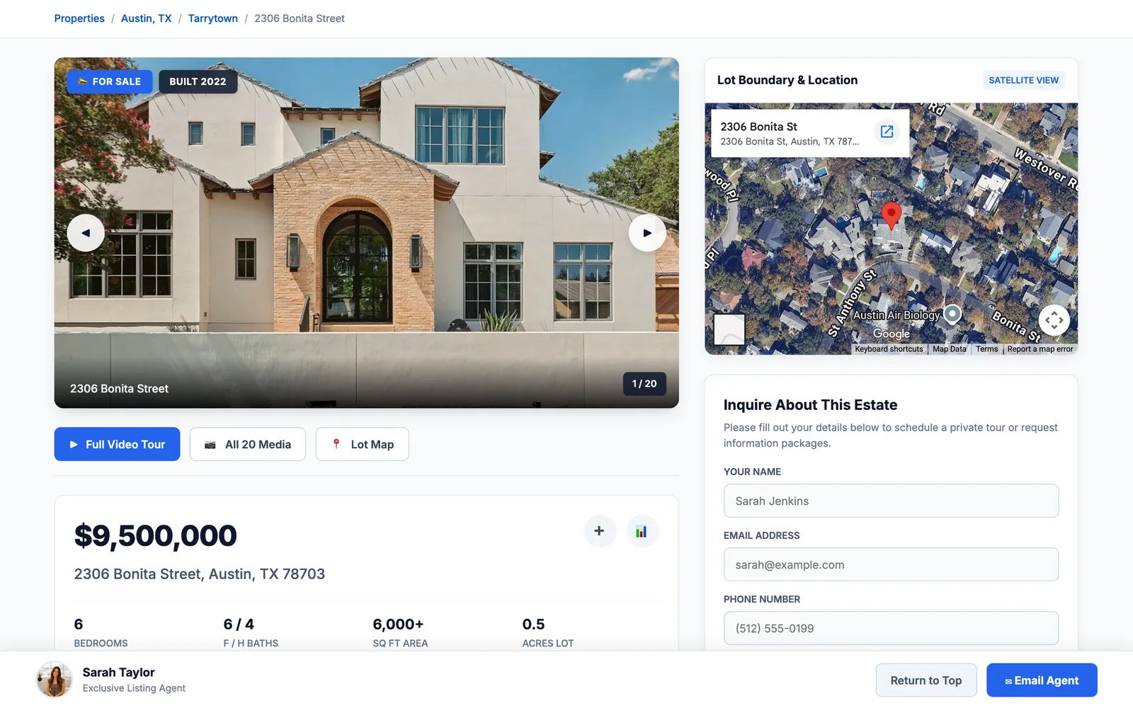 Published single-property page with video, price, facts, map and showing-request form