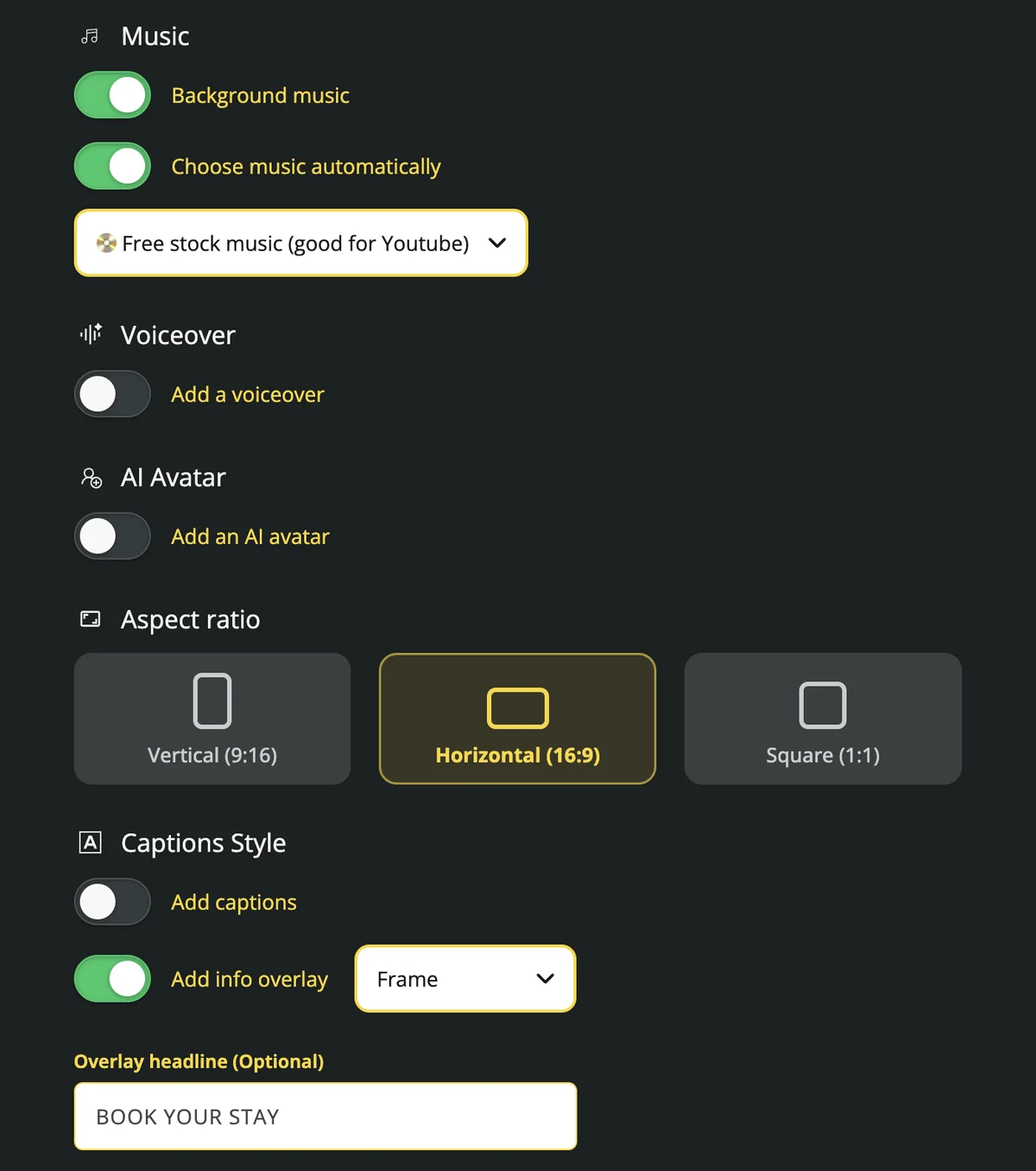 VideoTour.ai settings panel with music, voiceover, aspect ratio and caption options