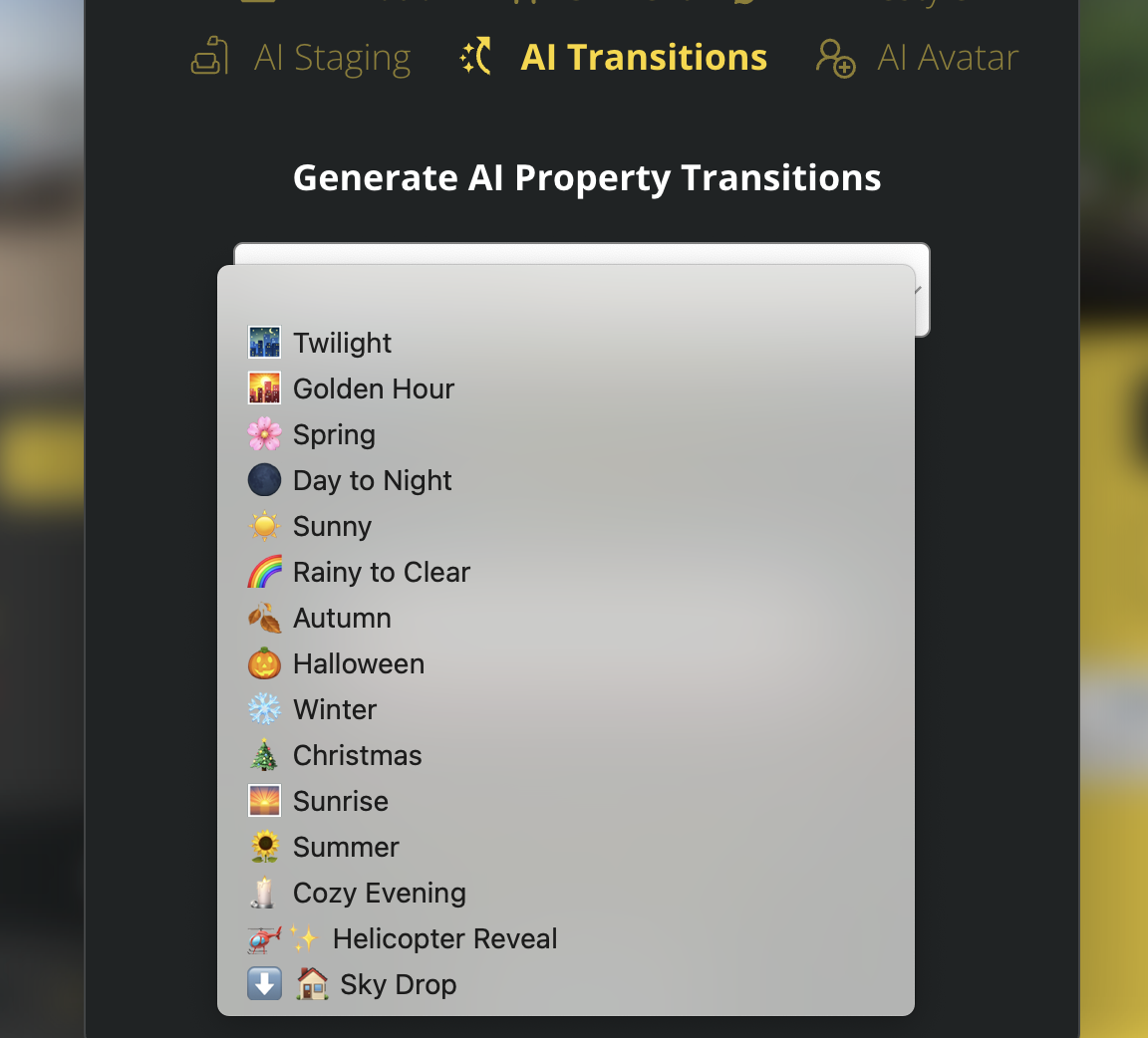 VideoTour.ai editor showing the available real estate transition options